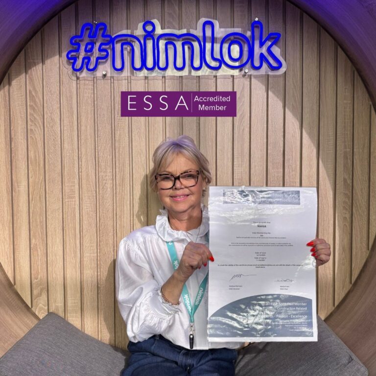 Sally Miller, HSQE Manager at Nimlok UK holding our ESSA Health & Safety Accreditation